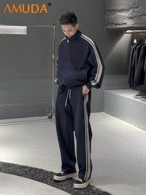高端条纹休闲运动套装男士2025新款春秋冬季外套搭配卫裤潮流一套