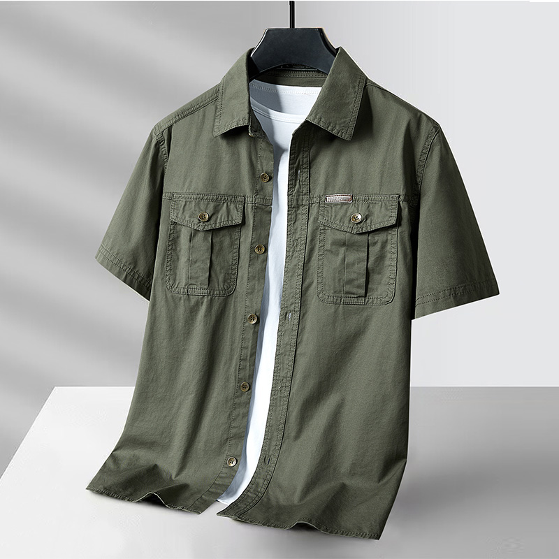 工装短袖衬衣纯棉薄款大码宽松半袖男夏季潮N流美式复古休闲衬衫