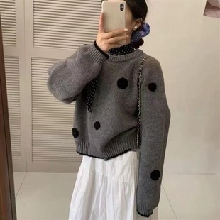 立体波点圆领套头毛衣女慵懒风软糯宽松针织衫 秋冬设计a感时尚 上
