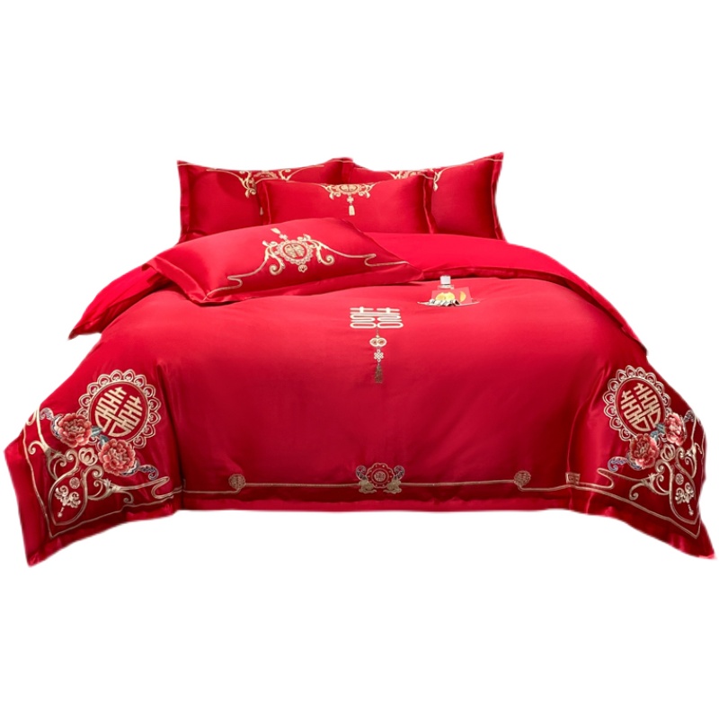 高档奢华婚庆全棉j四件套纯棉刺绣被套结婚喜庆大红色床上用品床