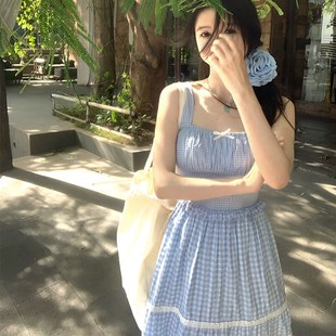 甜美连衣 渔小平 佩妮达 蓝色小清新格纹背心吊带连衣N裙夏季 新款