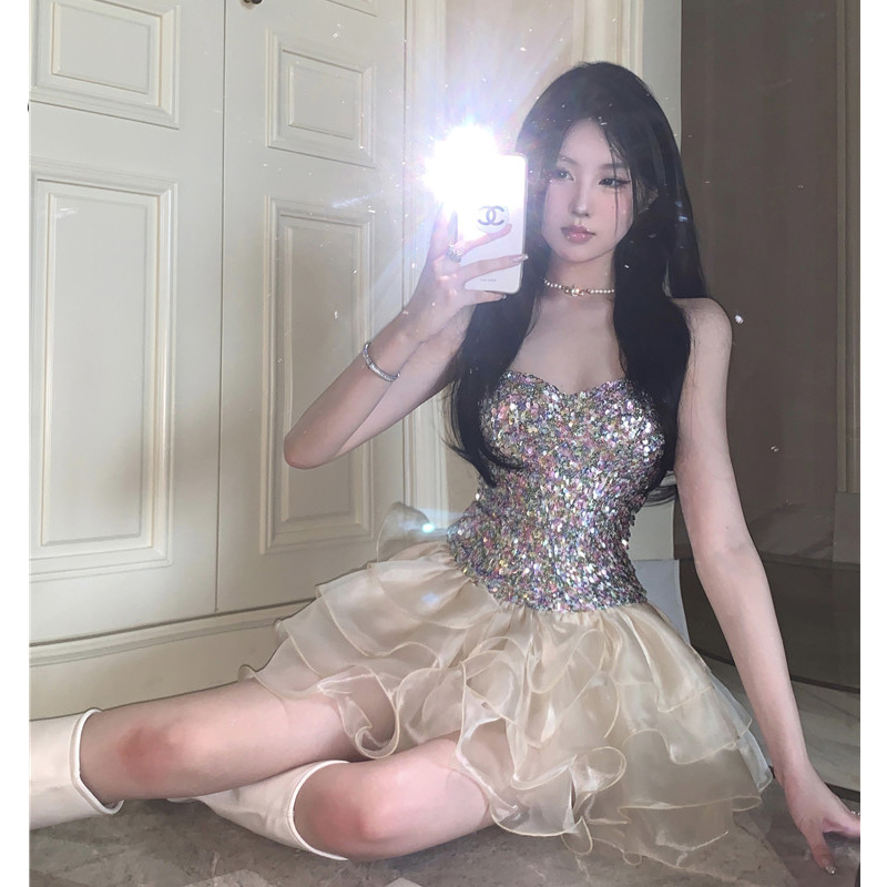 法式亮片抹胸连衣裙仙女夏季收腰B公主蛋糕蓬蓬裙小个子生日晚礼