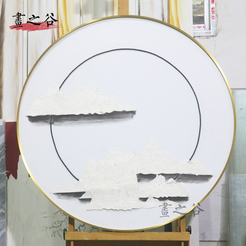 纯手绘实物圆形新中式简约玄关客厅酒店样板房立W体挂画装饰画图片