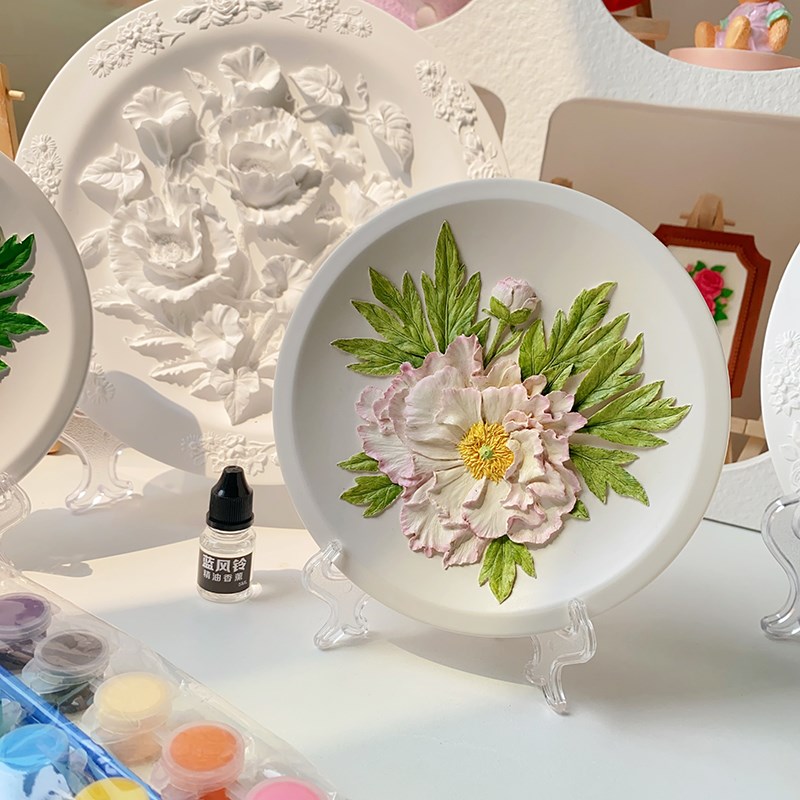 石膏白胚浮雕画立体牡丹花盘手工diy彩绘涂色R客厅摆件家居装饰画图片