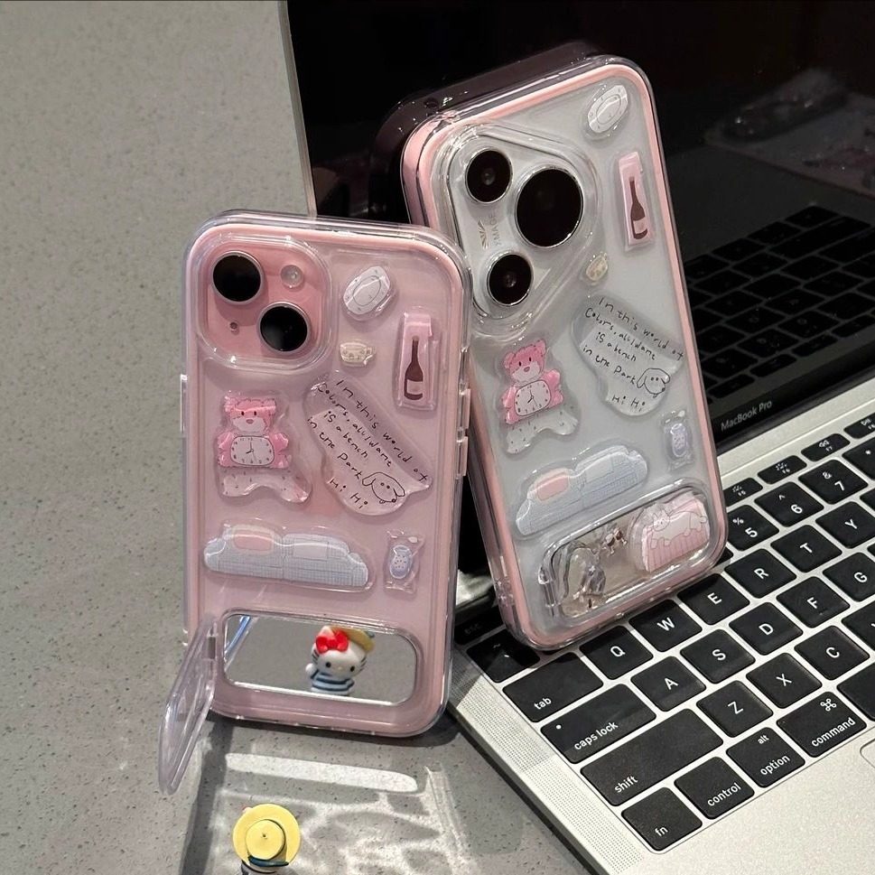 适用iPhone16/15promax滴胶粉熊贴纸支架手机壳华为Pura80pro高级mate70小众Reno14防摔小米14/15软壳女,3C数码配件,手机保护套/壳,淘宝优惠券,粉丝福利购,淘宝优惠卷