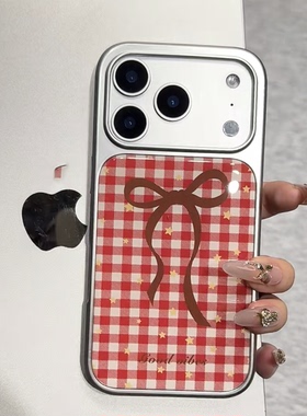 红色格纹蝴蝶结带挂绳适用IPhone17promax手机壳苹果1615/14plus滴胶12/13pro银边小米17promax防摔findX9软