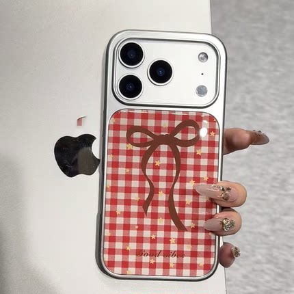 红色格纹蝴蝶结带挂绳适用IPhone17promax手机壳苹果1615/14plus滴胶12/13pro银边小米17promax防摔findX9软