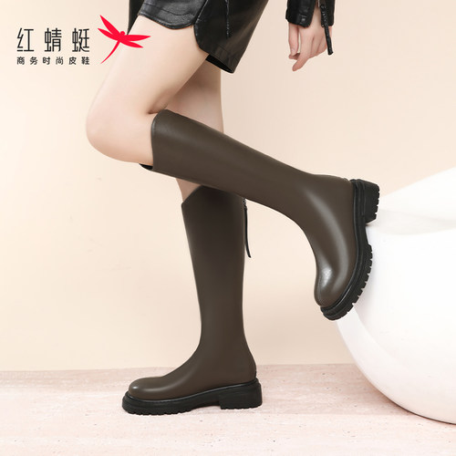 红蜻蜓女靴厚底长靴女2025新款长筒骑士靴冬季加绒保暖靴子瘦瘦靴