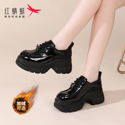 红蜻蜓女鞋乐福鞋2025新款冬季厚底高跟英伦漆皮保暖加绒款小皮鞋
