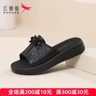 红蜻蜓拖鞋女厚底一字拖外穿夏天2025新款真皮黑色软底妈妈凉拖鞋