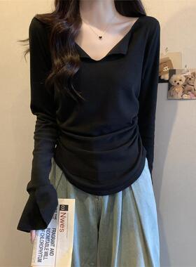 高货速发红色V领长袖T恤打底衫女秋款大码微胖mm显瘦短款上衣别致