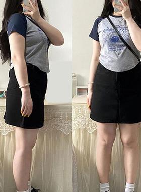 高货速发黑色牛仔半身裙女a字高腰微胖mm大码半裙遮肚子显瘦梨形