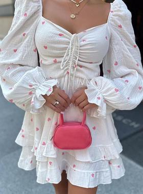 高货速发白色绉纱棉麻方领泡泡袖爱心印花高腰连衣裙2025欧美秋季