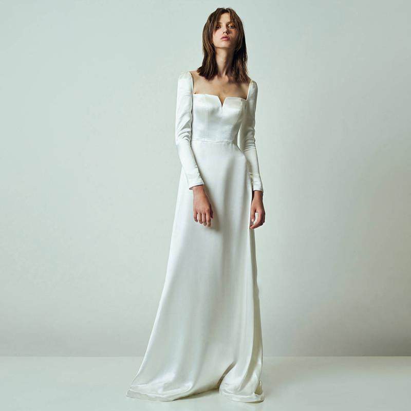 正货法式复古方领轻婚纱超仙简约长袖遮手臂修身显瘦婚纱裙女影楼