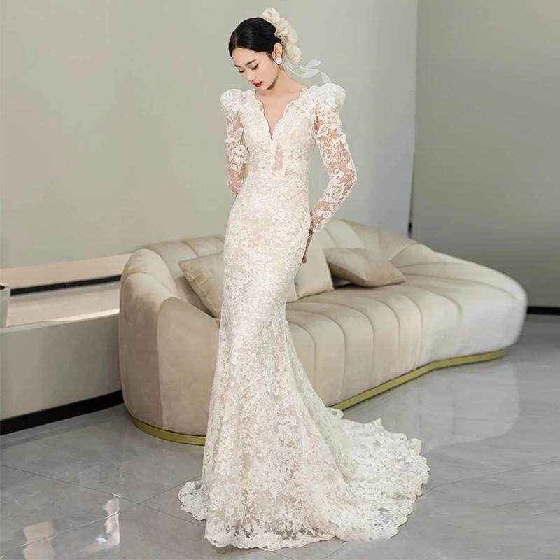正货蕾丝轻婚纱2025新款韩式拖尾新娘迎宾纱高端鱼尾名媛宴会长袖