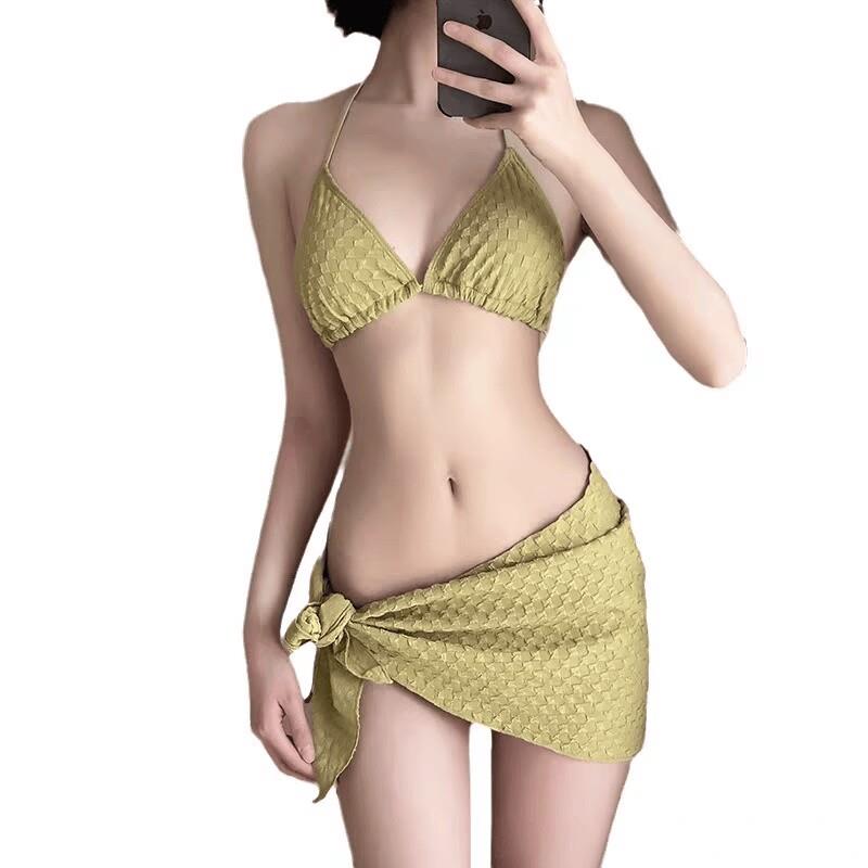高货速发挂脖绑带裙式比基尼抹茶绿泳衣女温泉度假三件套性感三角