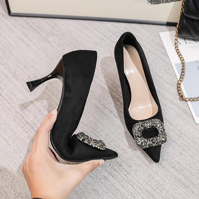 正货黑色高跟鞋女水钻尖头