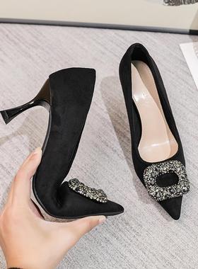 正货黑色高跟鞋女水钻尖头2024年秋季新款细跟工作鞋小码职业