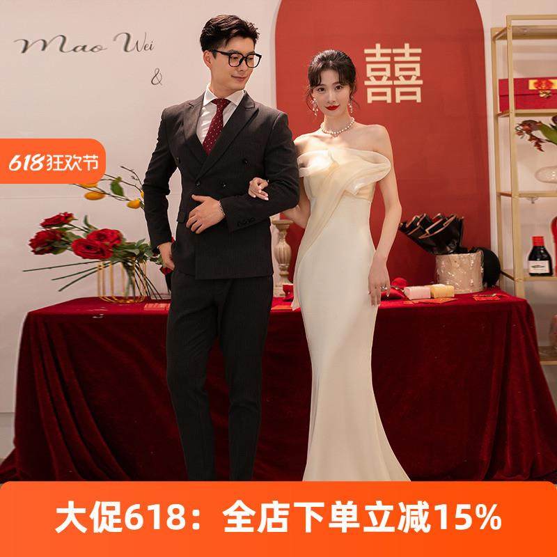 正货鱼尾缎面轻婚纱性感抹胸拖尾出门纱气质名媛显瘦新娘结婚