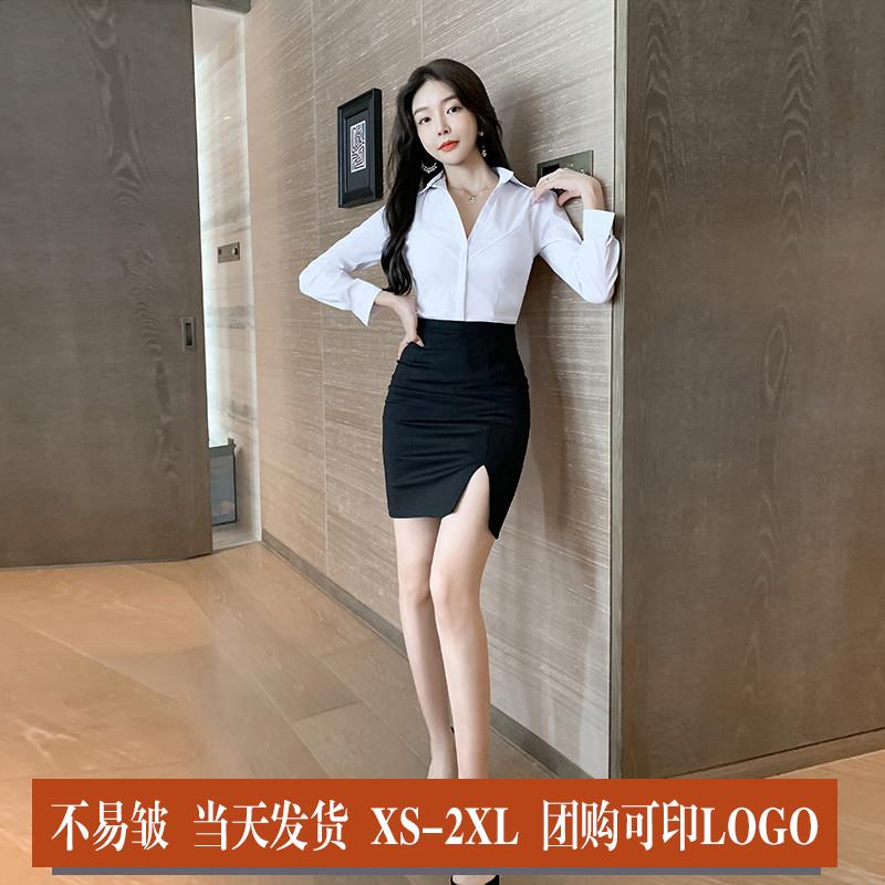 正货V领性感修身白色衬衫女职业领带白 衬衣黑裙子套装OL制服