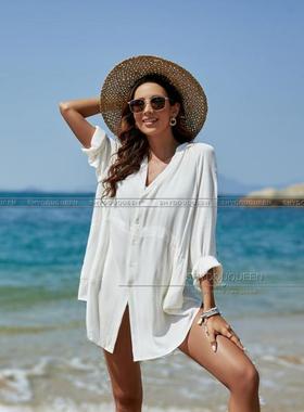 高货速发白色人棉衬衫比基尼外搭海边宽松泳衣防晒衣开衫马代海岛