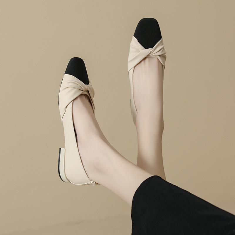 正货真皮翻皱褶平底黑杏拼色惠州方头小香风单鞋低跟浅口上班办公