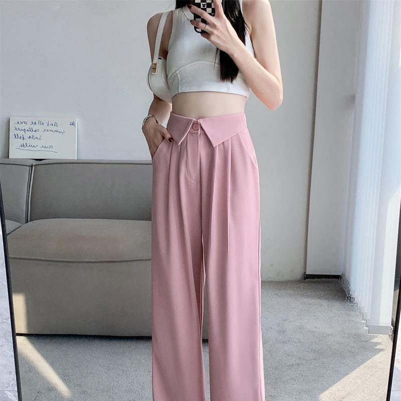 高货速发翻领西裤窄版阔腿裤女秋秋百搭裤子黑色西装裤小个子米色