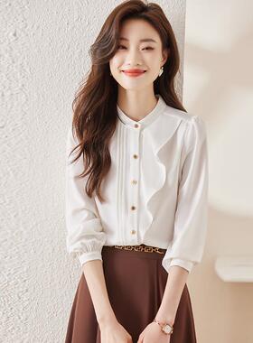 正货白色雪纺衬衫女长袖气质垂感秋季高级设计感小众法式荷叶边白