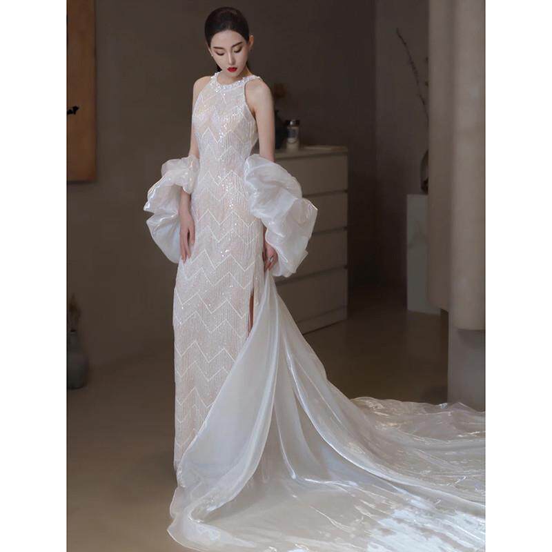 高货速发鱼尾轻婚纱高级设计感轻奢细闪亮片出门纱气质显瘦高档年