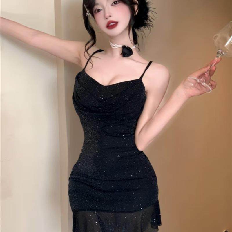 正货性感新款露肩荷叶边网纱低胸纯欲气质吊带短款收腰包臀鱼