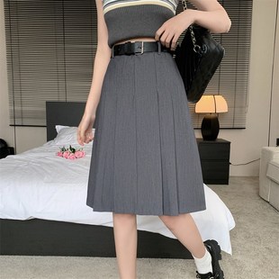 大码女士半身裙a字裙灰色裙子复古显瘦胖mm高腰中长款jk百褶裙冬