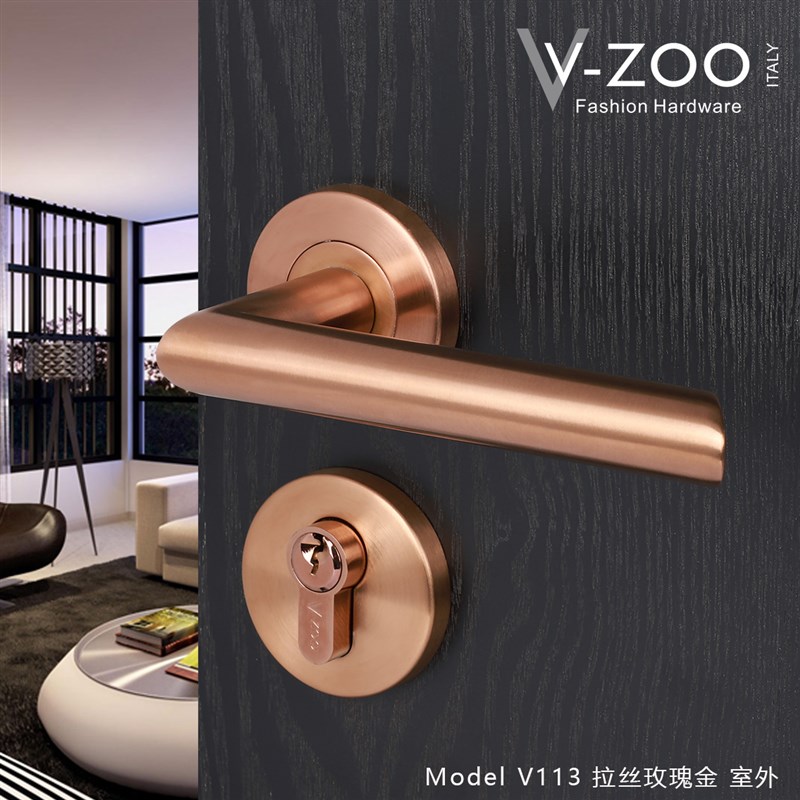 vzoo拉丝玫瑰金静音锁 304不锈钢房门拉手北欧简约室内卧室门把手