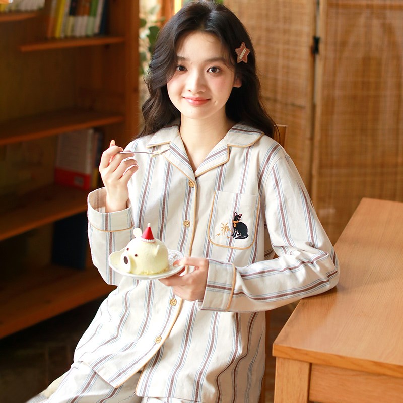 眠岛春秋情侣条纹纯棉睡衣女简约时尚翻领磨毛绒布家居服套装