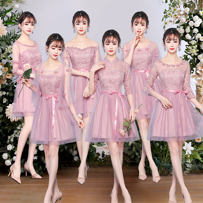 伴娘礼服女2021新款姐妹团闺蜜装短款裙灰色香槟新娘结婚春夏装