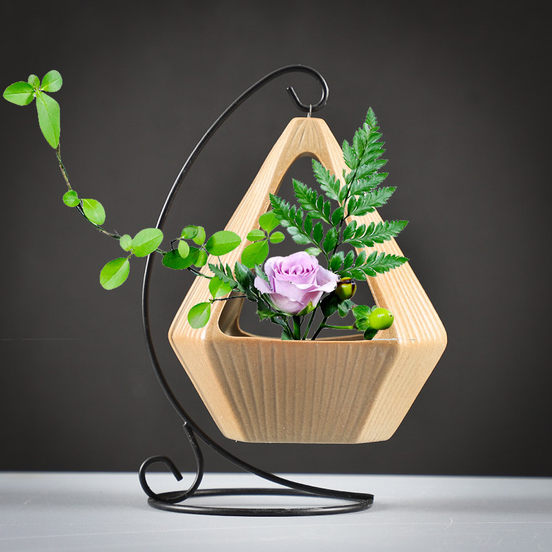 带铁架粗陶陶瓷花盆复古透气绿植多肉植物大号桌面室内简约盆栽