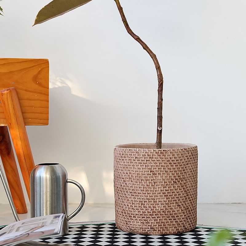 日式仿编织水泥花盆大落地绿植陶瓷发财树百合竹草编藤编陶盆套盆