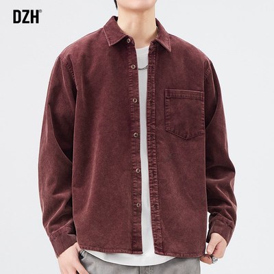 男士红色纯棉长袖衬衫男款秋季灯芯绒上衣秋冬款休闲外套2025新款