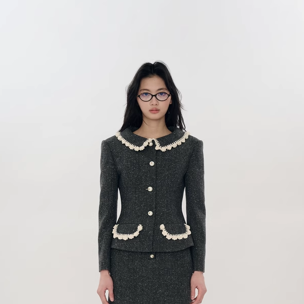 ORA GENESIS 2025秋季新品手钩花边羊毛粗纺花盆领外套