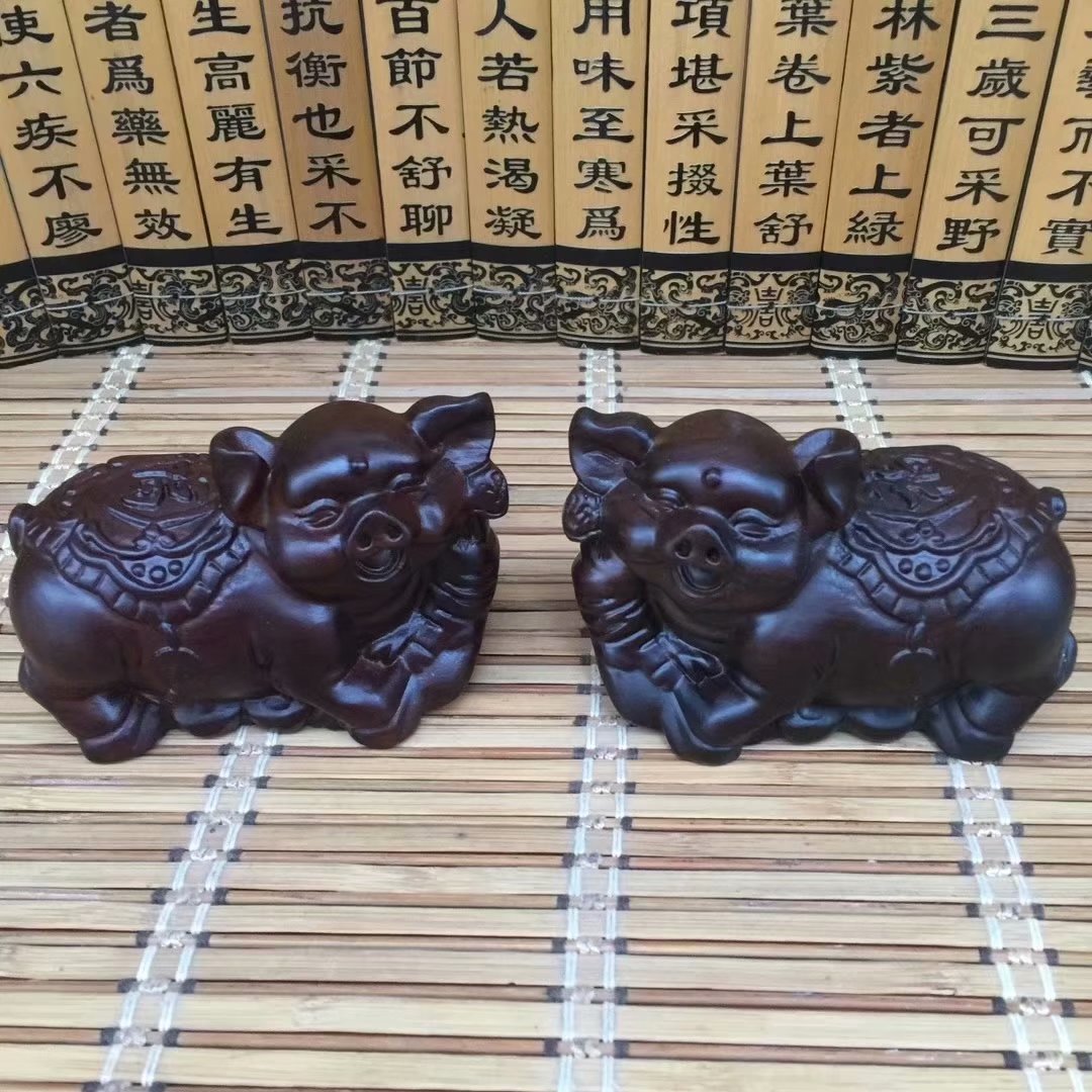黑檀木如意小福猪摆件十二生肖黑檀木对猪木质工艺品