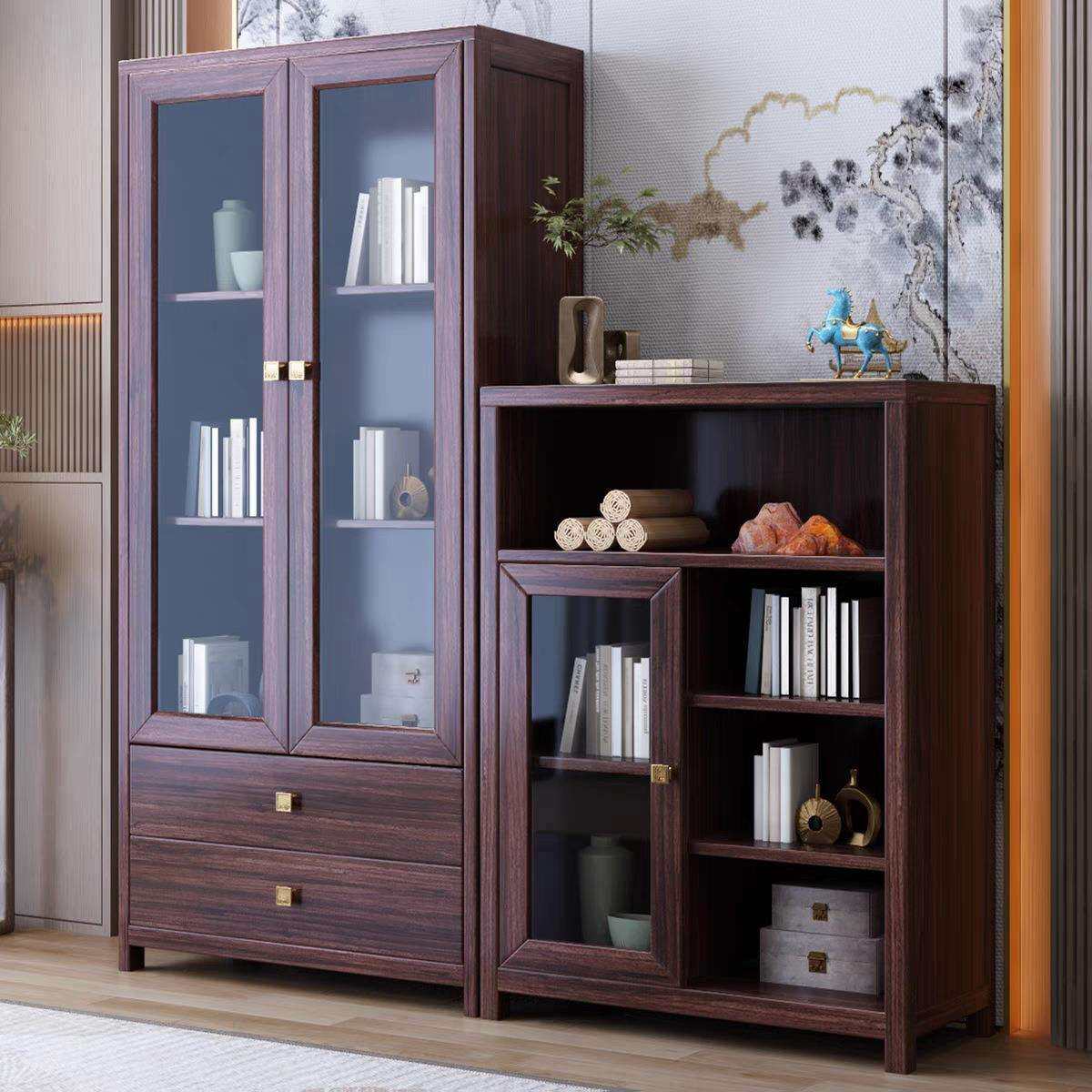 新中式乌金木全实木家用书柜组合落地简约书橱带书架玻璃门储物柜