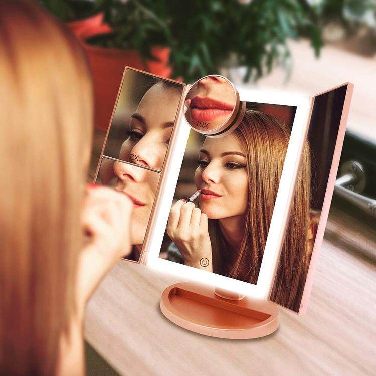 三面折叠化妆镜带灯便携折叠梳妆台可调光补光镜子LED化妆镜