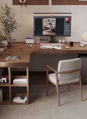 实木转角电脑桌卧室家用台式书桌书架一体双人7字形桌拐角办公桌