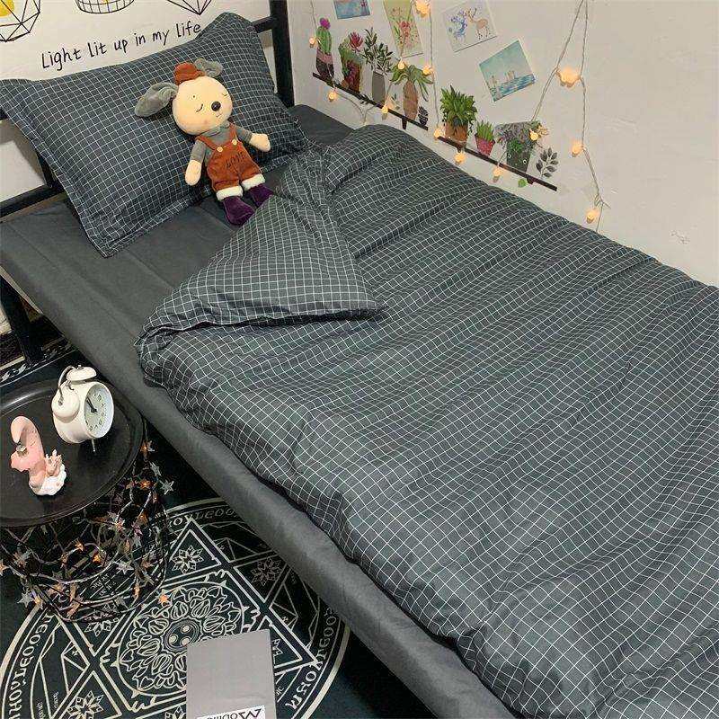 北欧简约纯色黑格子条纹床单四件套男女被套学生宿舍单人床三件套