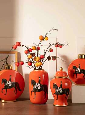 橙色皇家马术陶瓷摆件新中式家居客厅装饰罐花瓶软装设计陈列道具