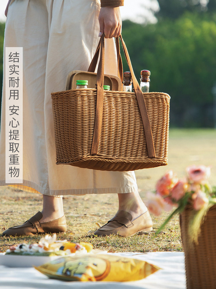 ?BB4C批发野餐篮子仿藤编织收纳篮水果篮户外春游野餐塑料挂篮