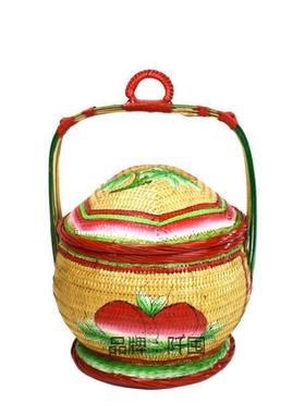 潮汕纯手工彩绘竹花篮婚嫁娶竹艺橄榄篮春芯圆盖高盖老式平盖竹篮