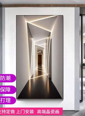 走廊过道挂画简约轻奢入户玄关装饰画空间延伸进门正对墙壁画带灯