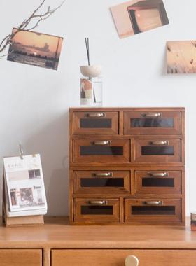 X&复古实木桌面杂物收纳盒手账胶带工具收纳抽屉柜梳妆台多层小木