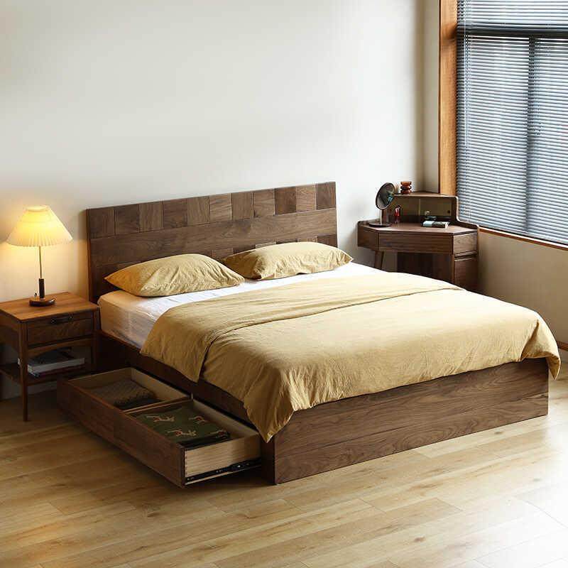 北美黑胡桃木全实木箱体双人床简约樱桃木原木抽屉主卧气压储物床