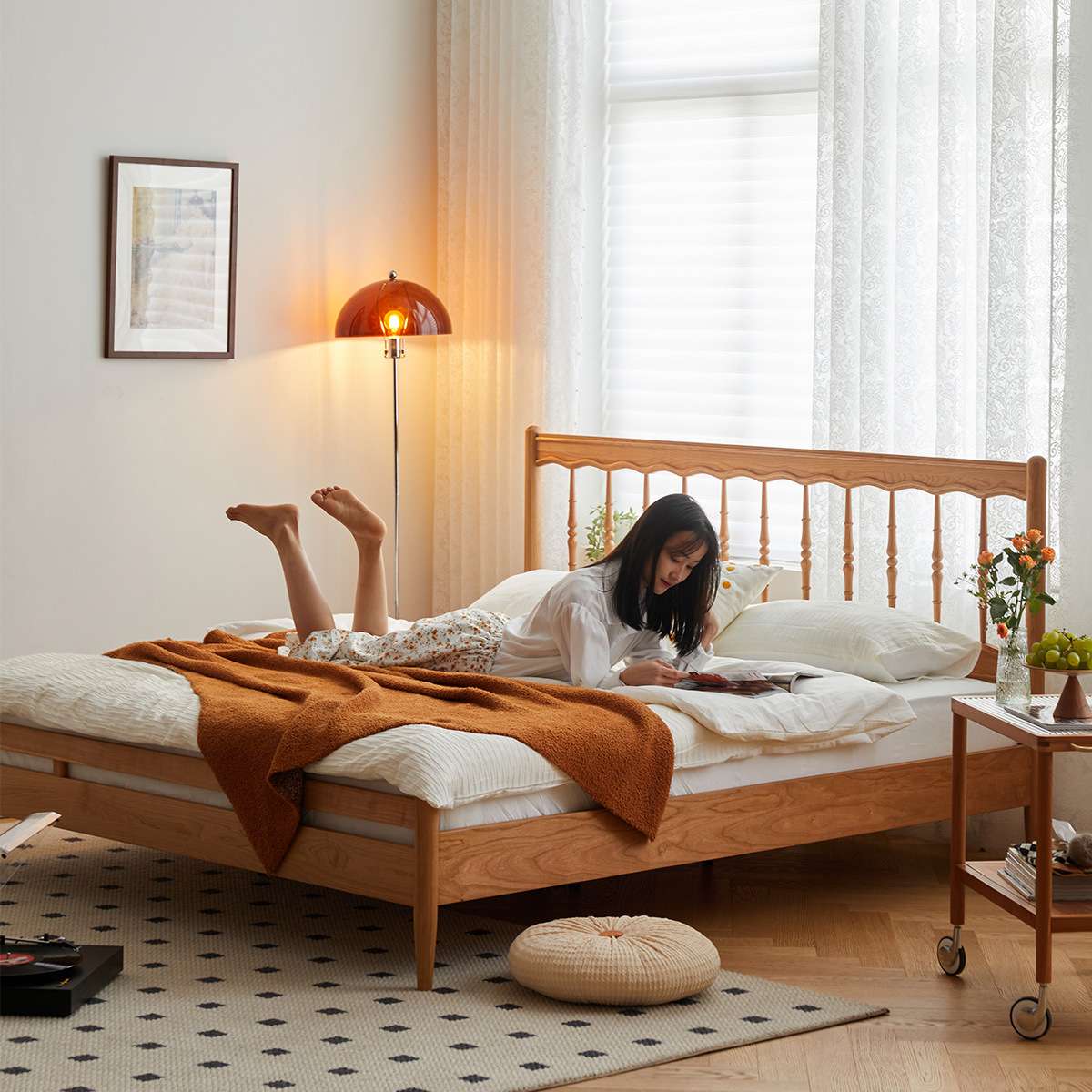 UG73小七的木头家具实木床樱桃木双人床法式复古原木风温莎单人床